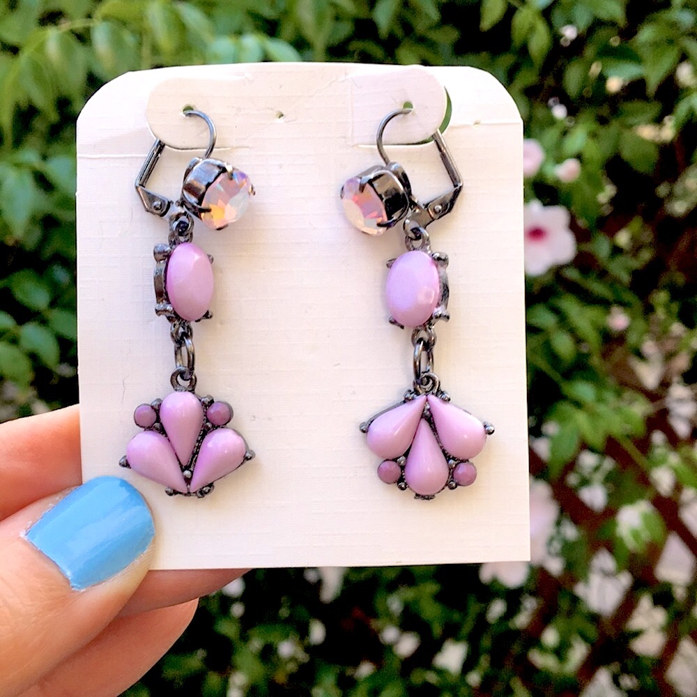 Lavender + Pink Opal Aurora Borealis Crystal Drop Statement Earrings - Picture 6 of 17